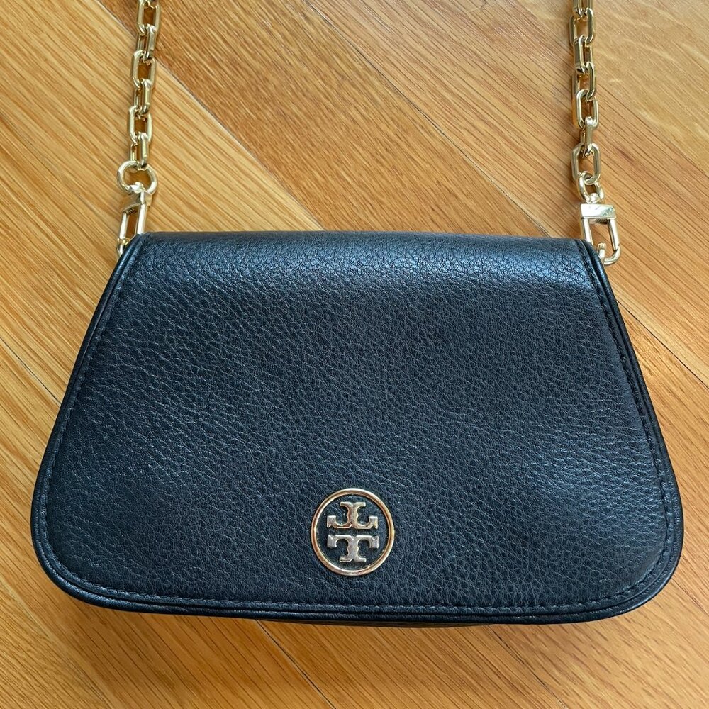Tory Burch Black Flap Crossbody Bag with Gold Accents